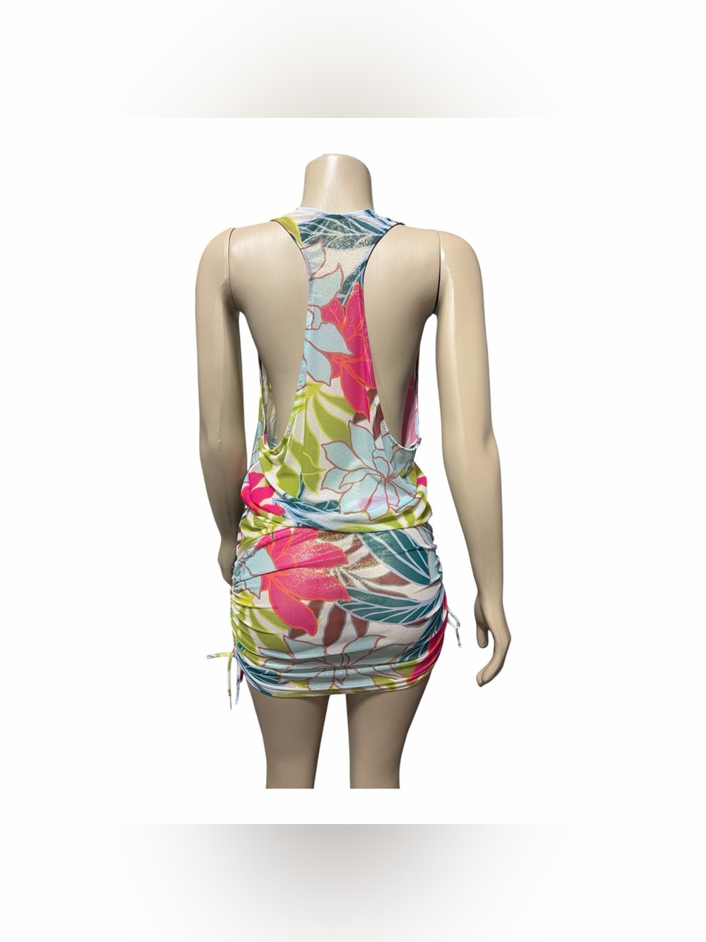 NWT Vince Camuto Swim Size M Racer Back Cover Up Dress Ruched Side Floral Palm - Picture 6 of 13